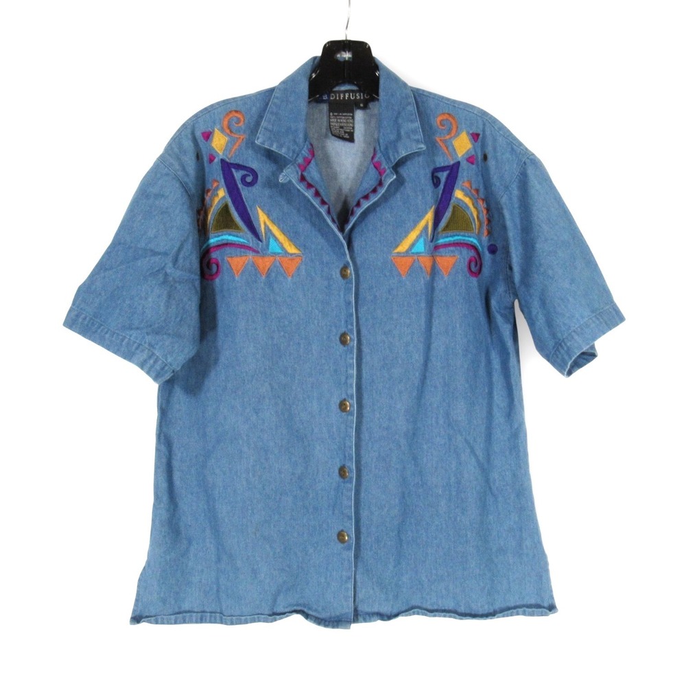VTG IB DIFFUSION Blue Denim 80'S ABSTRACT EMBROIDERED Button-Up SHIRT/TOP Sz 6